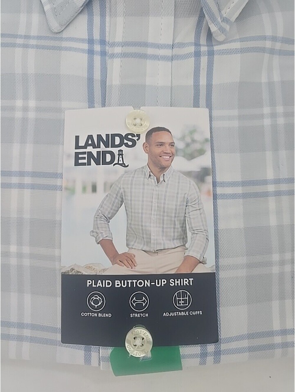 NWT Lands End Plaid Button-Up Shirt Mens XL Gray Blue Stretch Cotton Blend